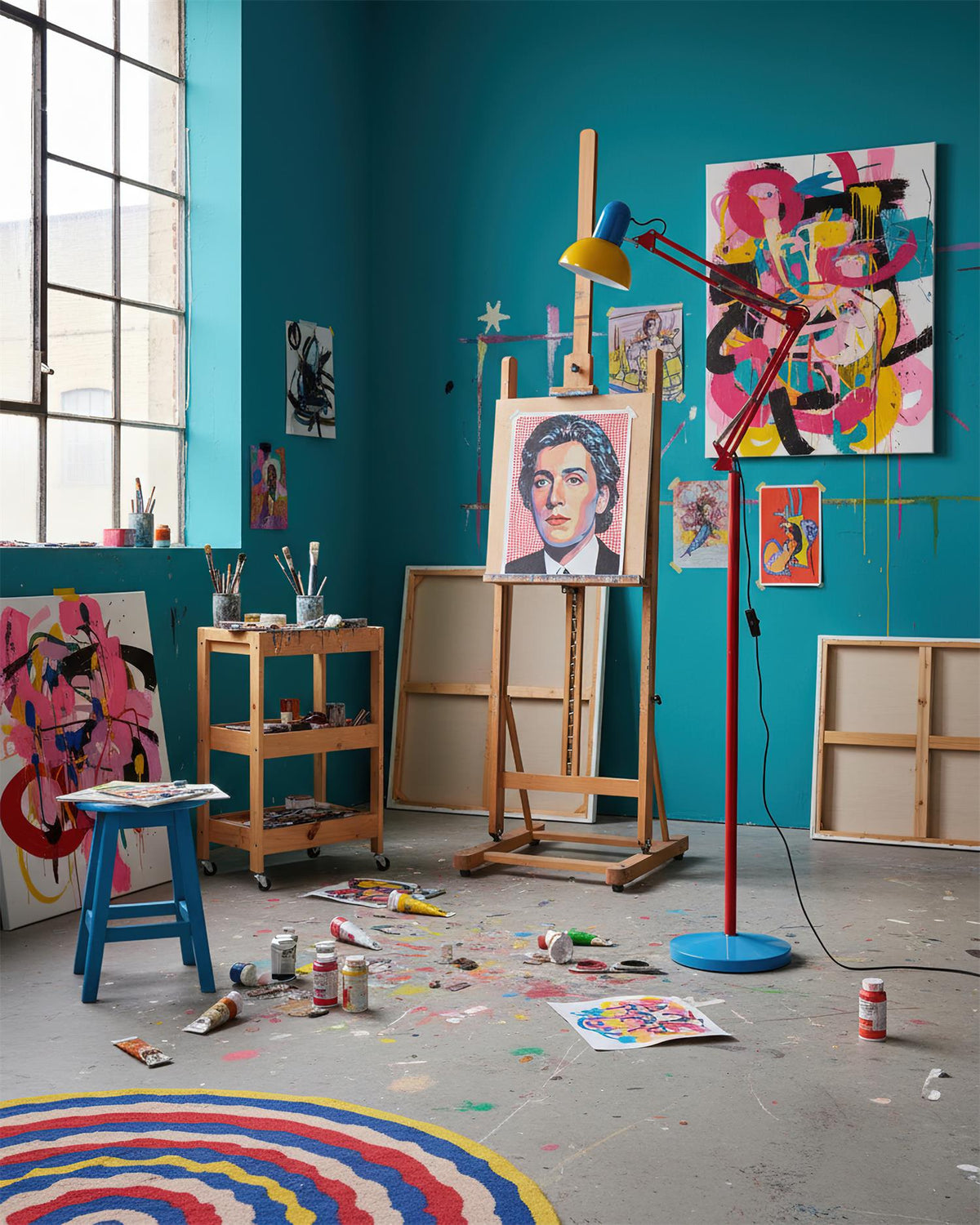 Flexo Memphis floor lamp, blue red yellow - shown for scale, warm light
