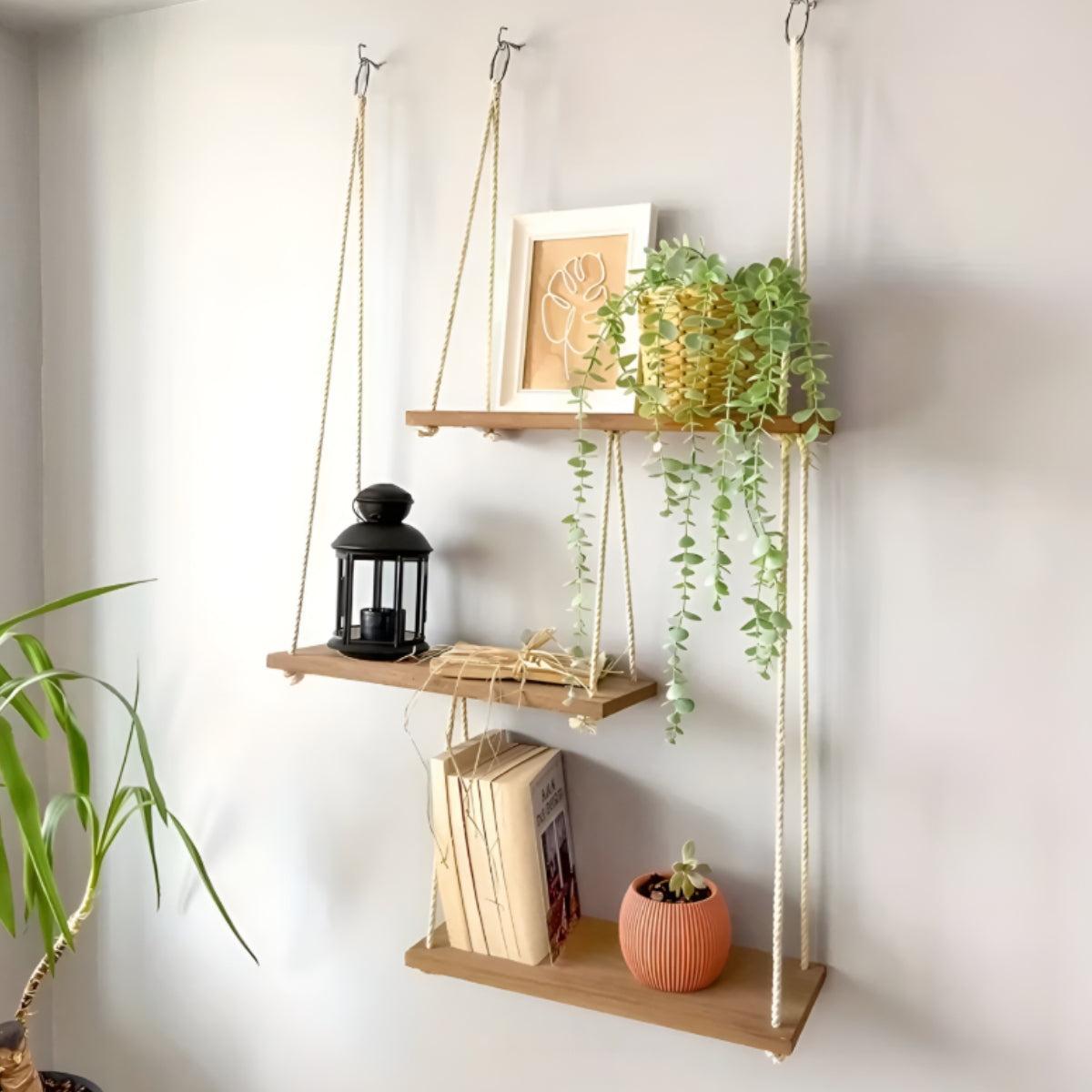 Tiered Hanging Wood Shelf | 3-Tier Rope Floating Shelf | Qonforta