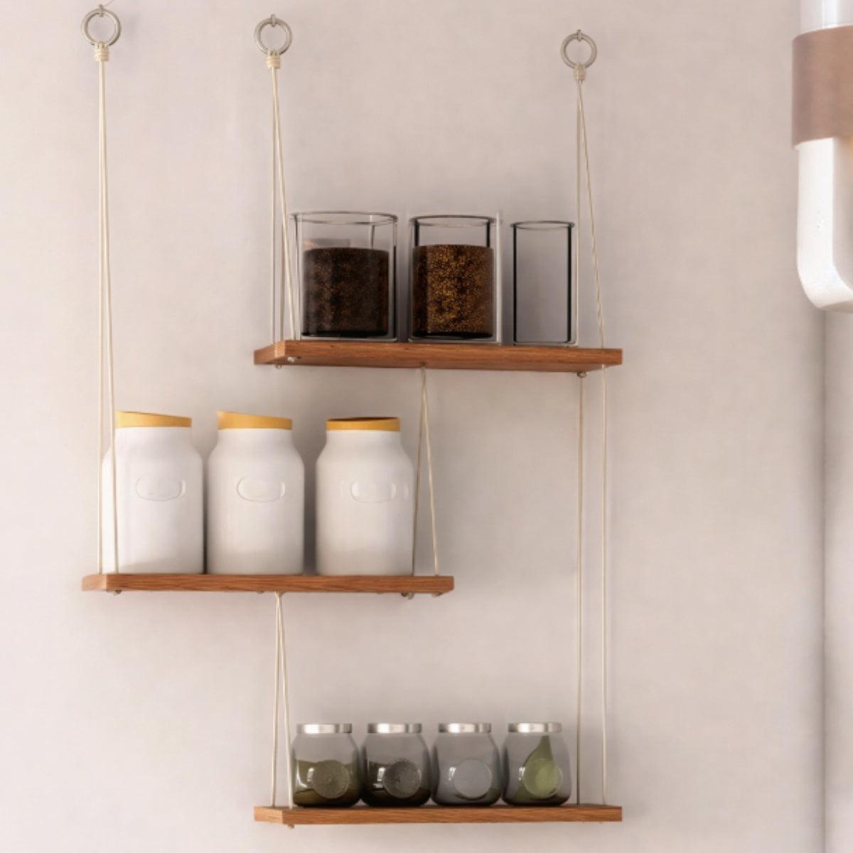 Tiered Hanging Wood Shelf | 3-Tier Rope Floating Shelf | Qonforta