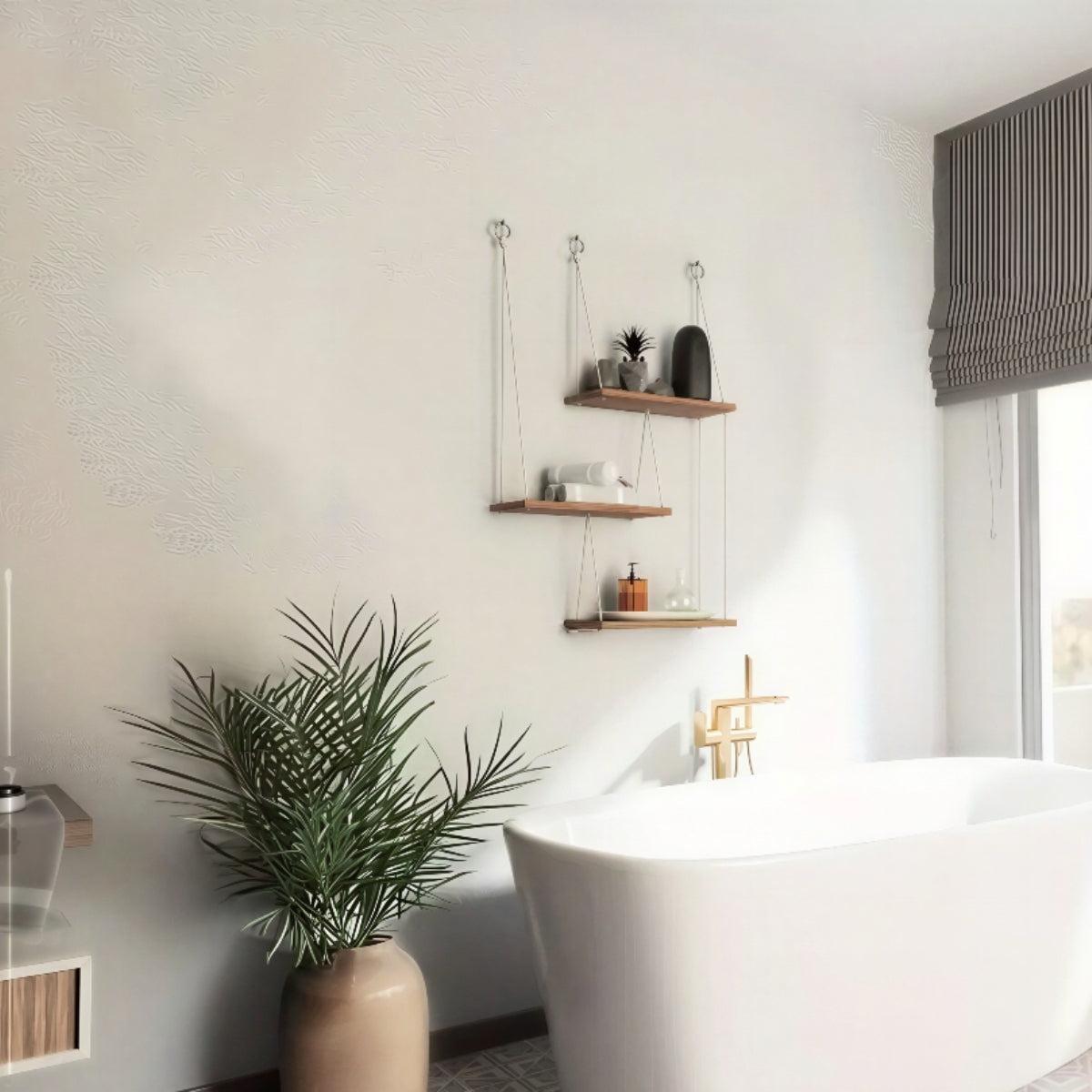 Tiered Hanging Wood Shelf | 3-Tier Rope Floating Shelf | Qonforta