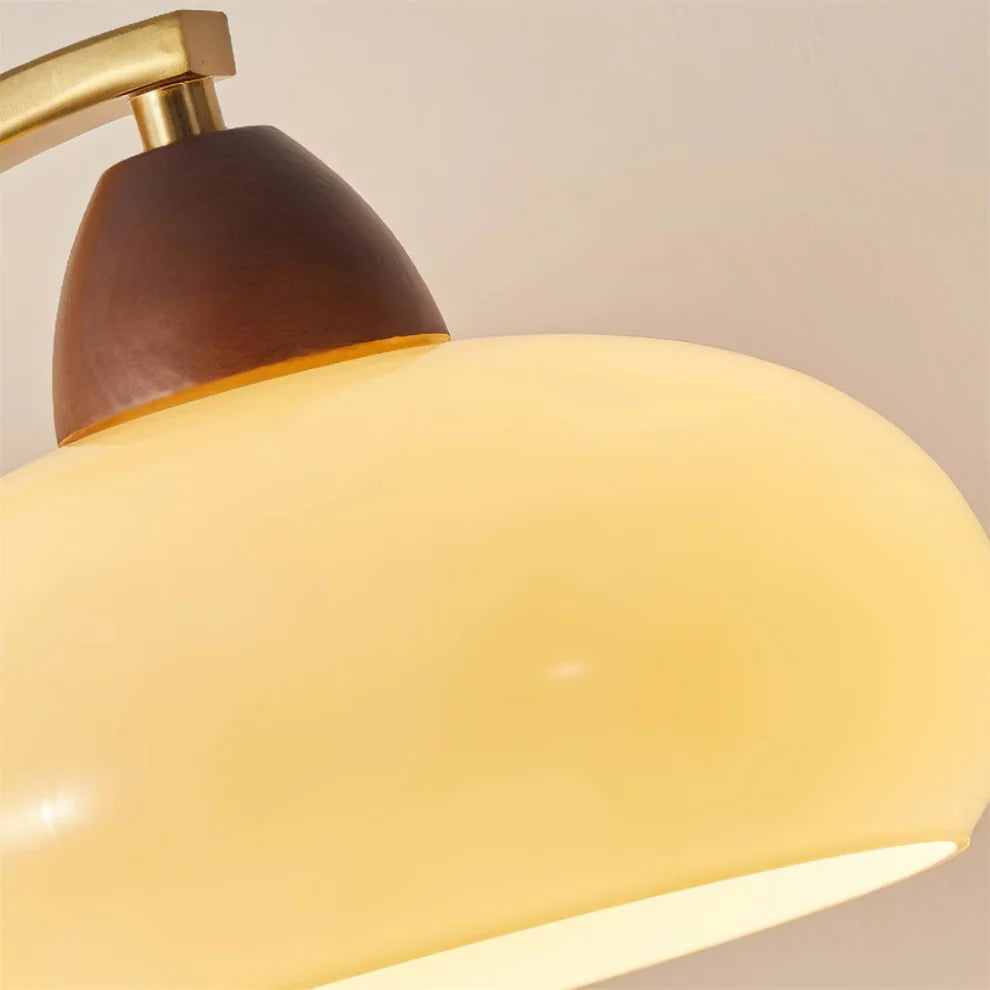 Curved Arm Vintage Table Lamp | Brass Arc, Scalloped Shade & Wood Base | Qonforta