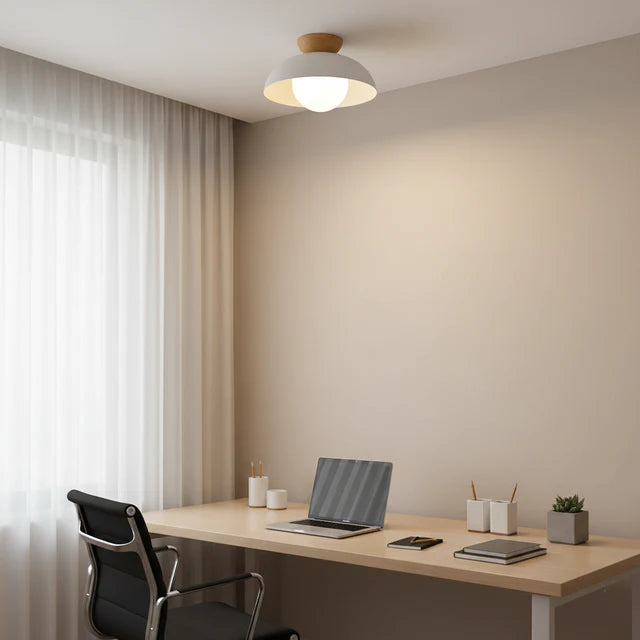 Iron Dome Flush Mount Ceiling Light | Wood Cap | Qonforta