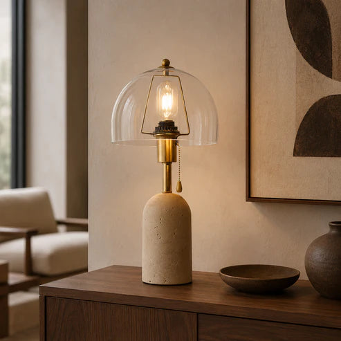 Travertine Table Lamp Glass Dome Brass – 3 Colors | Qonforta