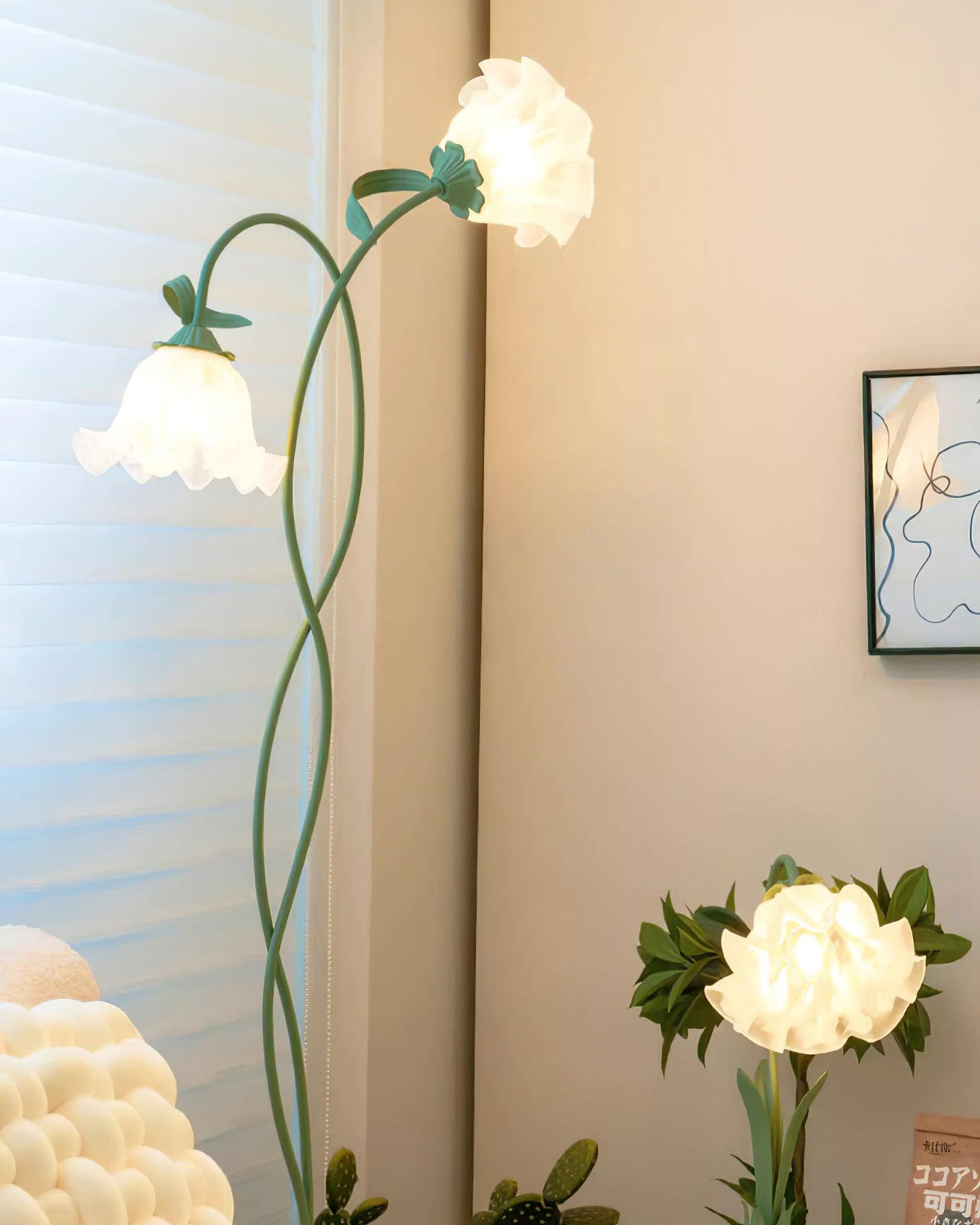 Calla lily floor lamp, green stem white shades - on a dark background