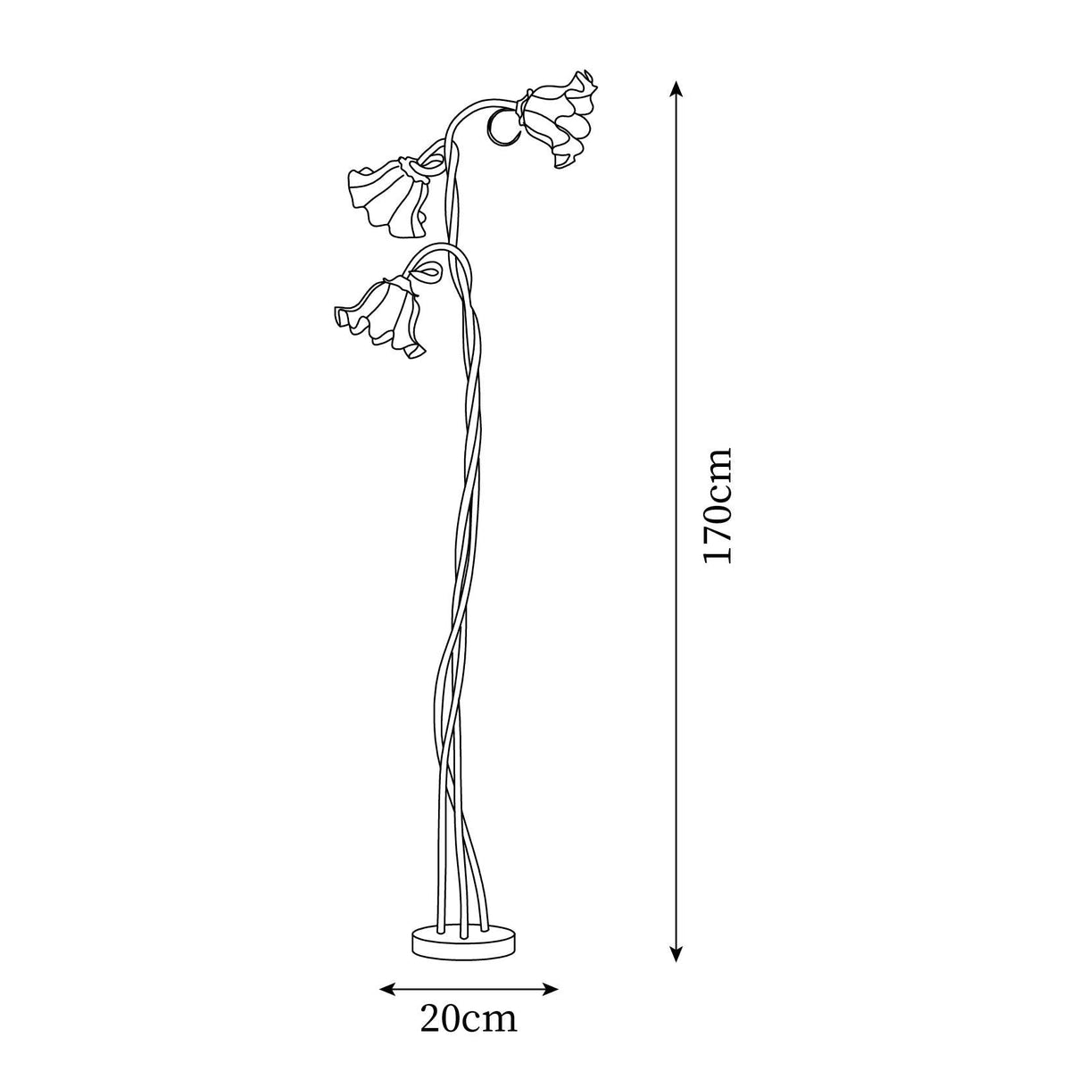 Calla lily floor lamp, green stem white shades - mounting hardware detail