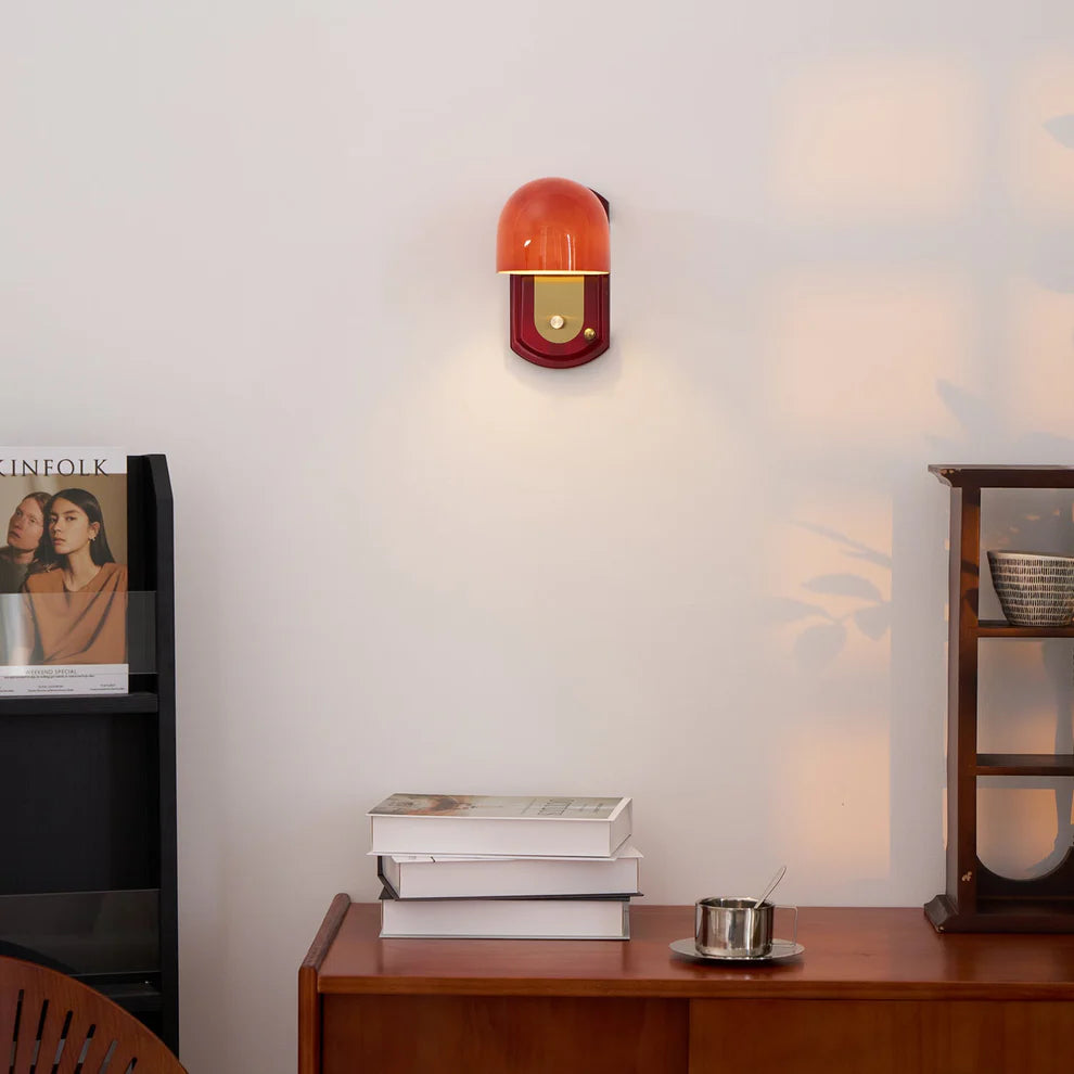 Vintage Dome Wall Sconce | Glossy Retro Shade, Brass Backplate | Qonforta