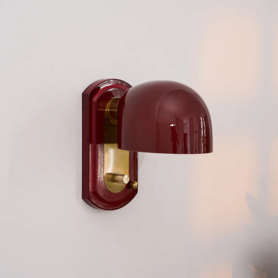 Vintage Red Dome Wall Sconce, Glossy Metal Shade, Hardwired Wall Light