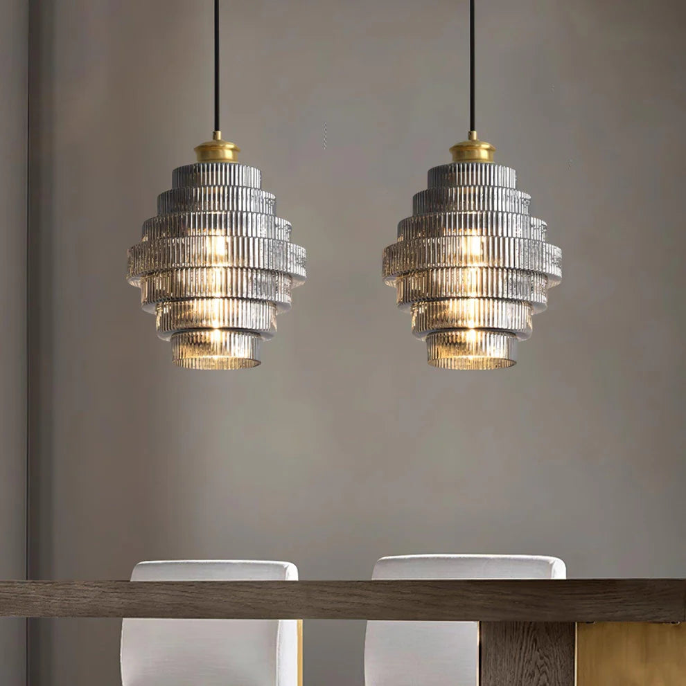 RidgeGlow Tiered Glass Pendant Light | Amber & Smoke Gray | Qonforta