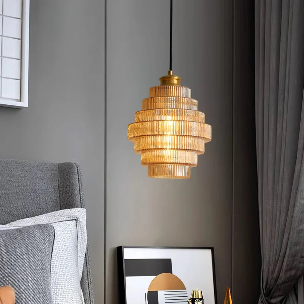 RidgeGlow Tiered Glass Pendant Light | Amber & Smoke Gray | Qonforta