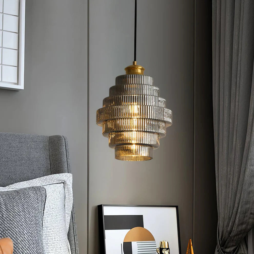RidgeGlow Tiered Glass Pendant Light | Amber & Smoke Gray | Qonforta