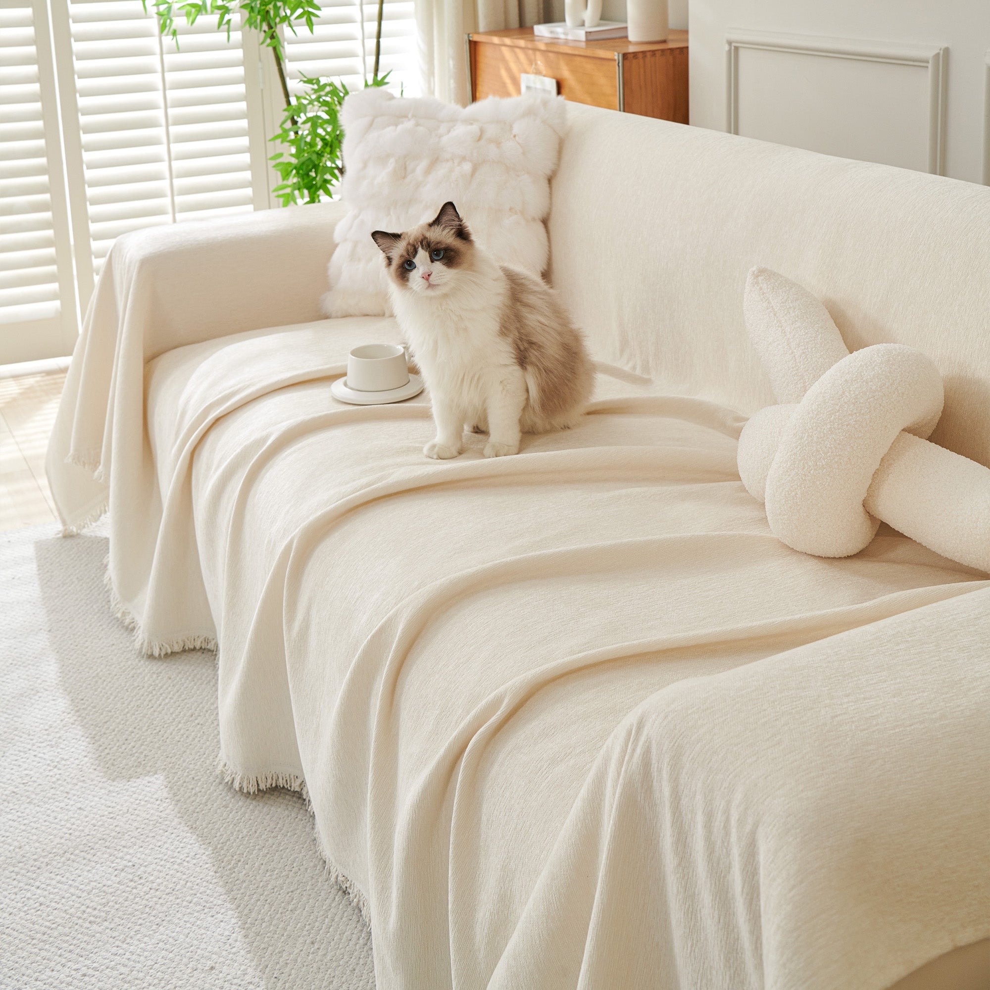Boho Woven Sofa Cover, Fringed Edge Textile Blend | Washable Furniture Throw | Qonforta