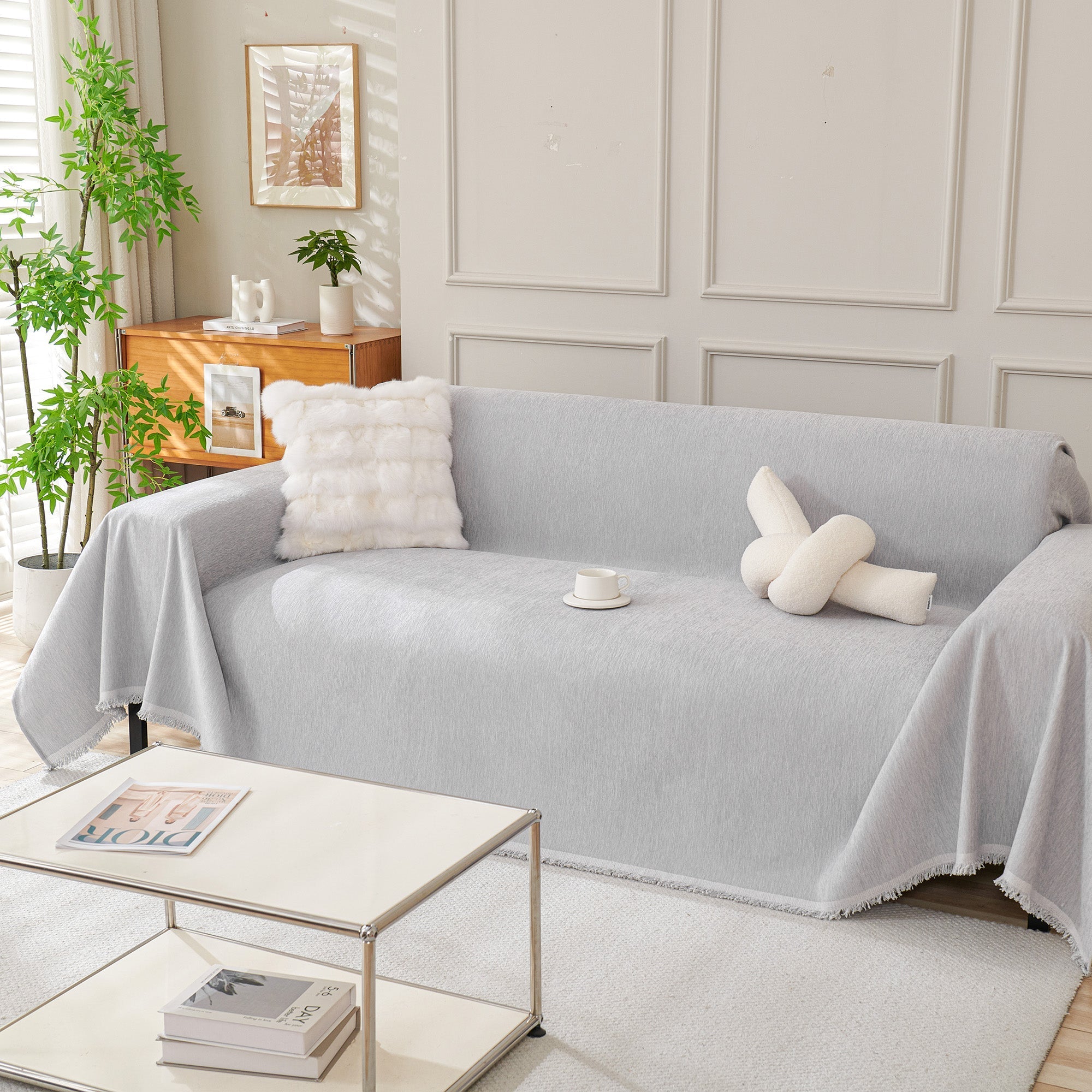 Boho Woven Sofa Cover, Fringed Edge Textile Blend | Washable Furniture Throw | Qonforta
