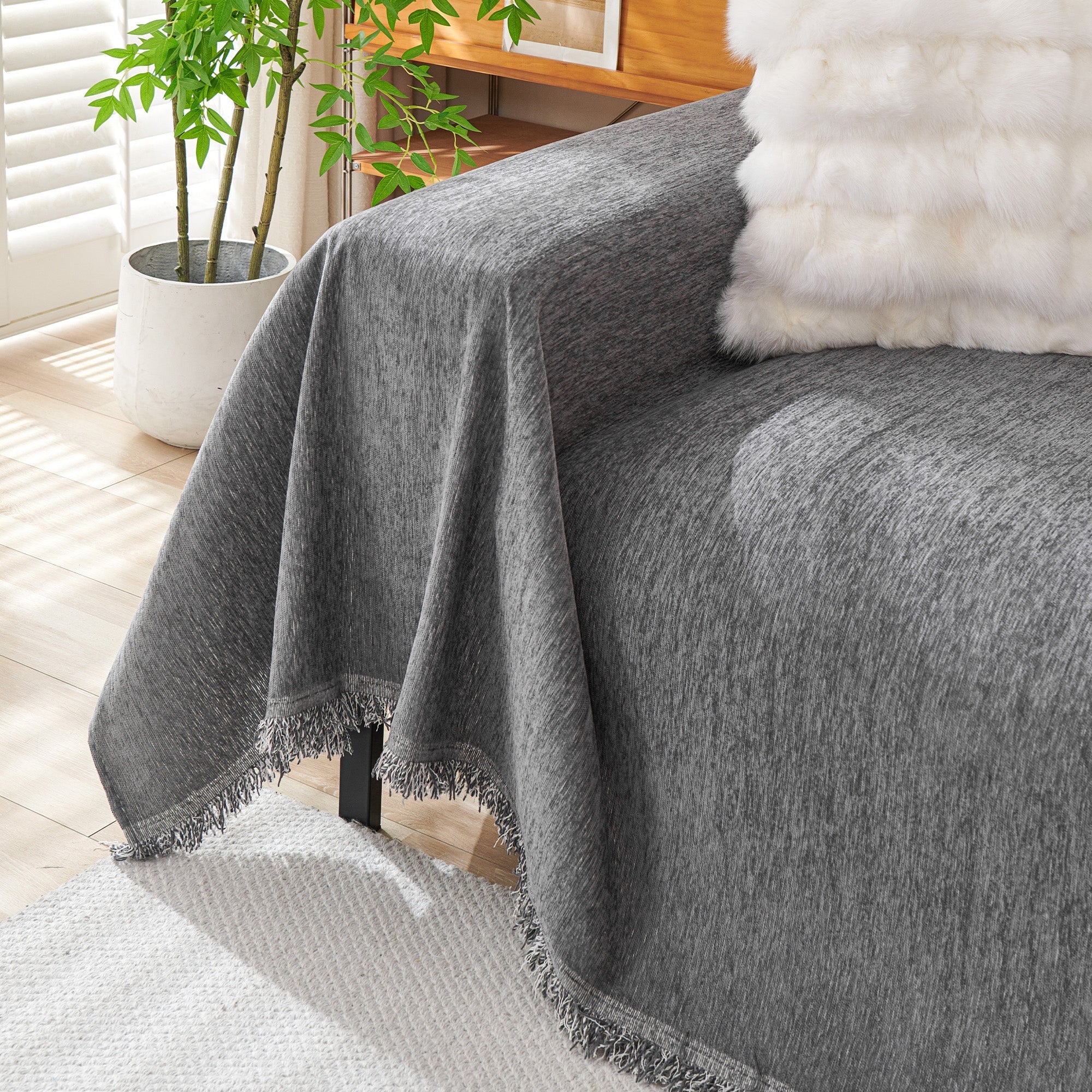 Boho Woven Sofa Cover, Fringed Edge Textile Blend | Washable Furniture Throw | Qonforta