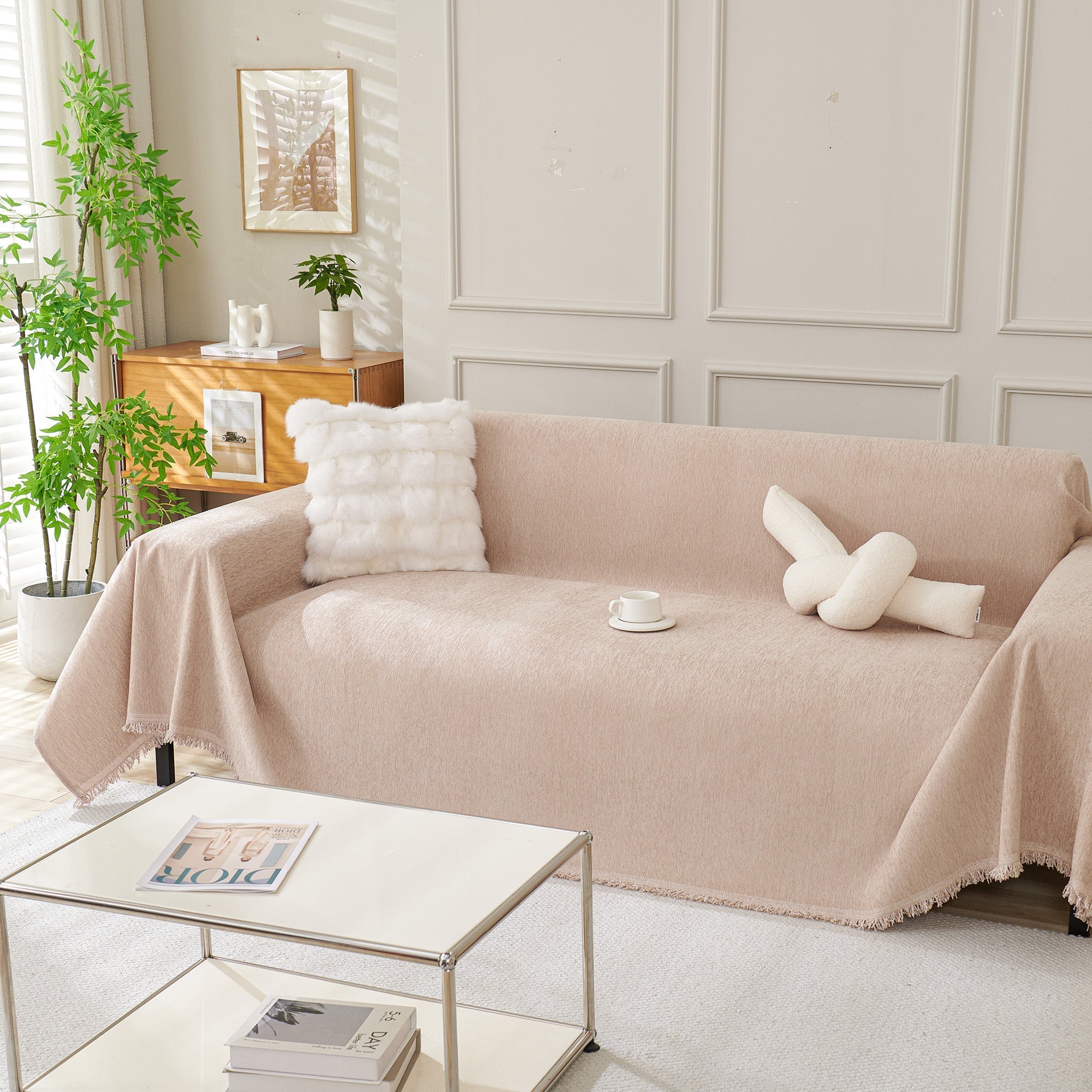 Boho Woven Sofa Cover, Fringed Edge Textile Blend | Washable Furniture Throw | Qonforta