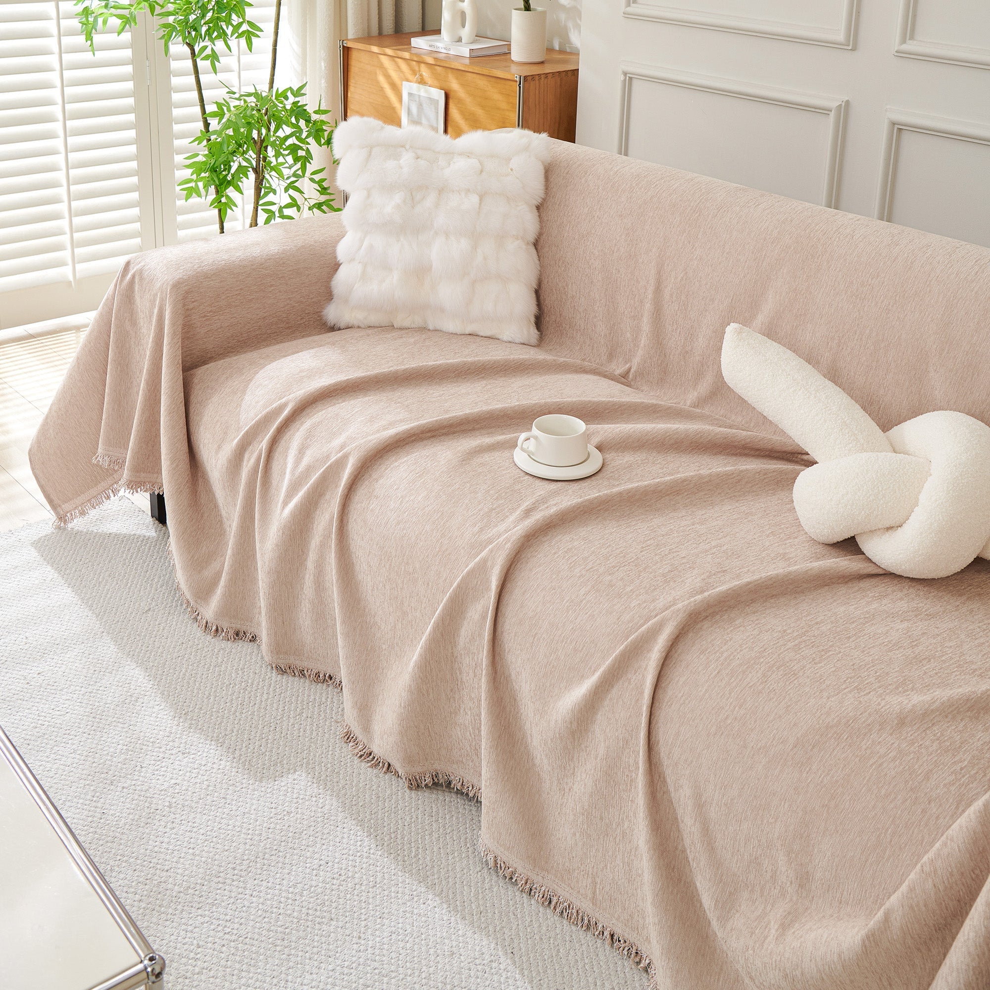 Boho Woven Sofa Cover, Fringed Edge Textile Blend | Washable Furniture Throw | Qonforta