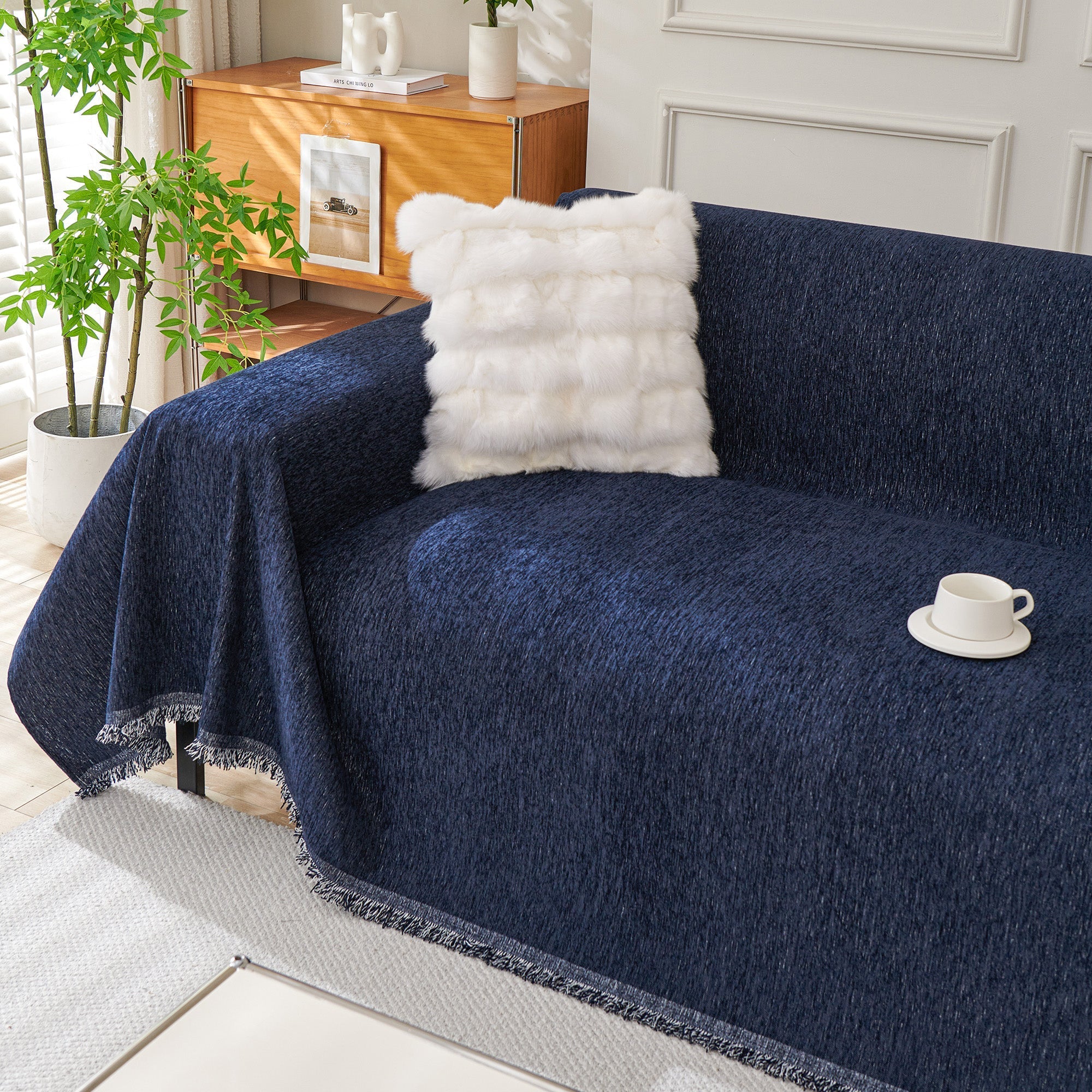 Boho Woven Sofa Cover, Fringed Edge Textile Blend | Washable Furniture Throw | Qonforta