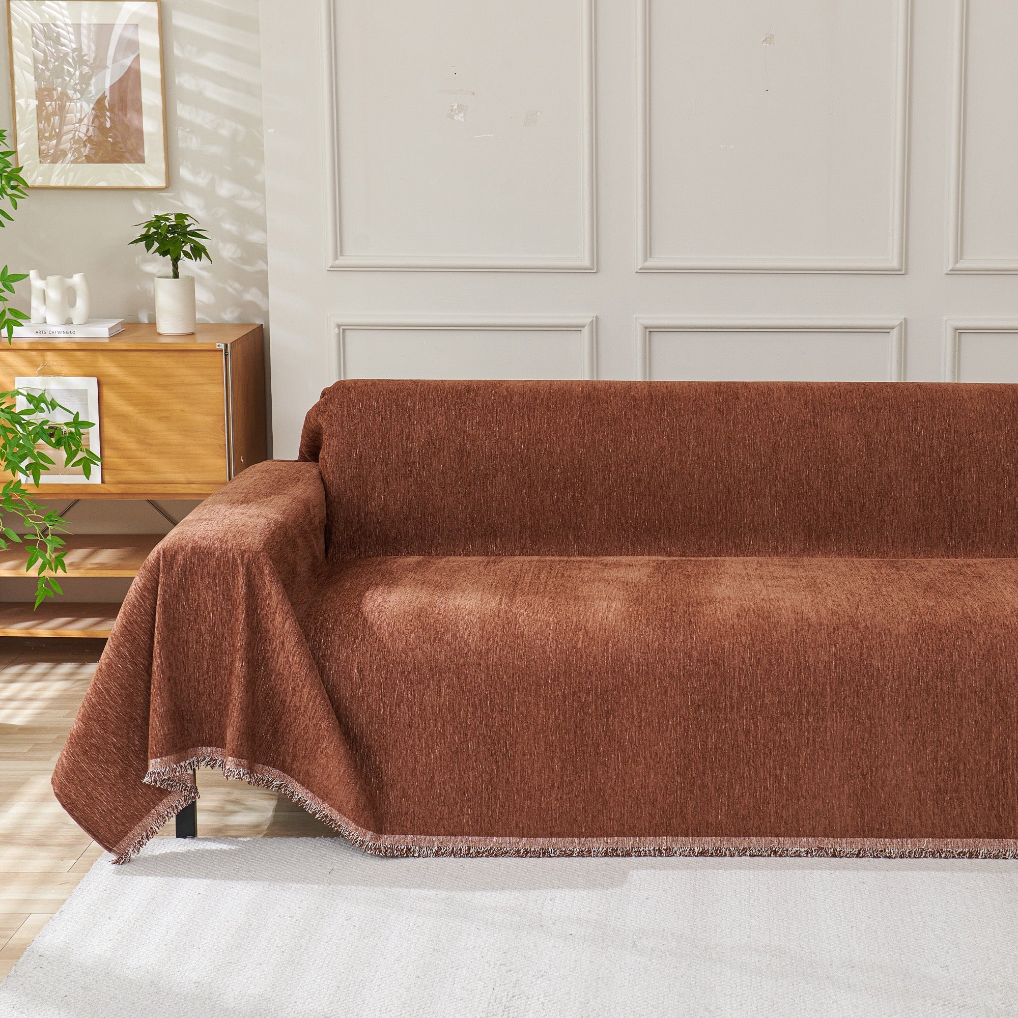 Boho Woven Sofa Cover, Fringed Edge Textile Blend | Washable Furniture Throw | Qonforta