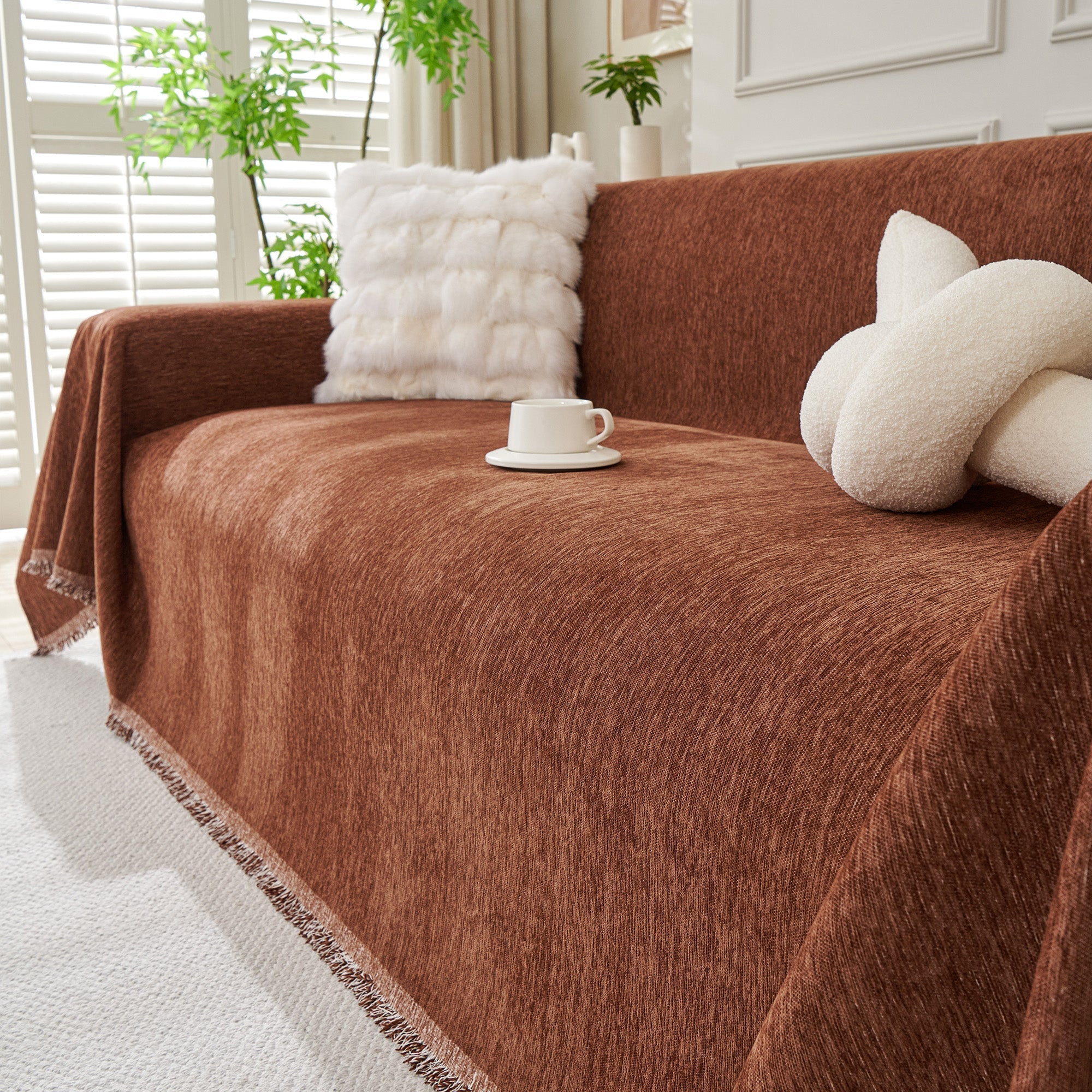 Boho Woven Sofa Cover, Fringed Edge Textile Blend | Washable Furniture Throw | Qonforta