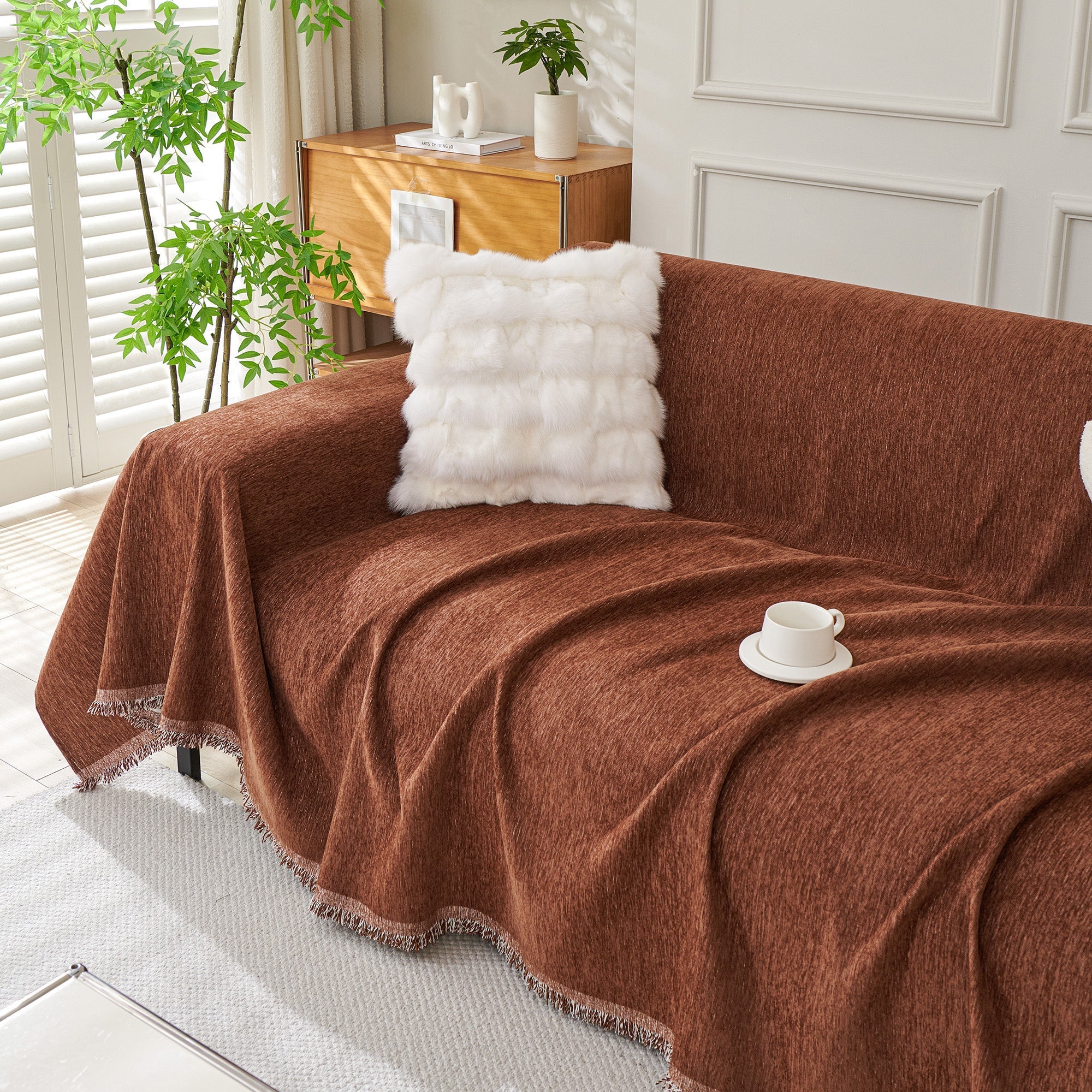 Boho Woven Sofa Cover, Fringed Edge Textile Blend | Washable Furniture Throw | Qonforta