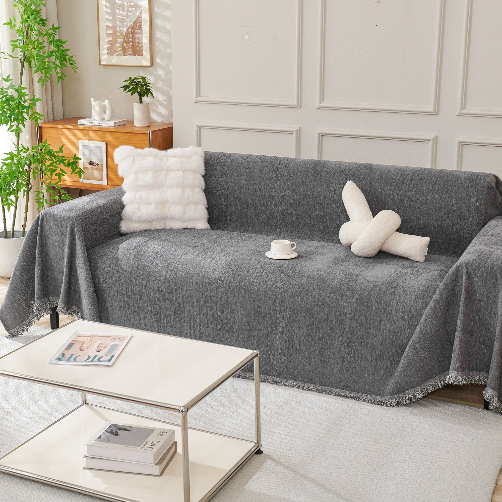 Boho Woven Sofa Cover, Fringed Edge Textile Blend | Washable Furniture Throw | Qonforta