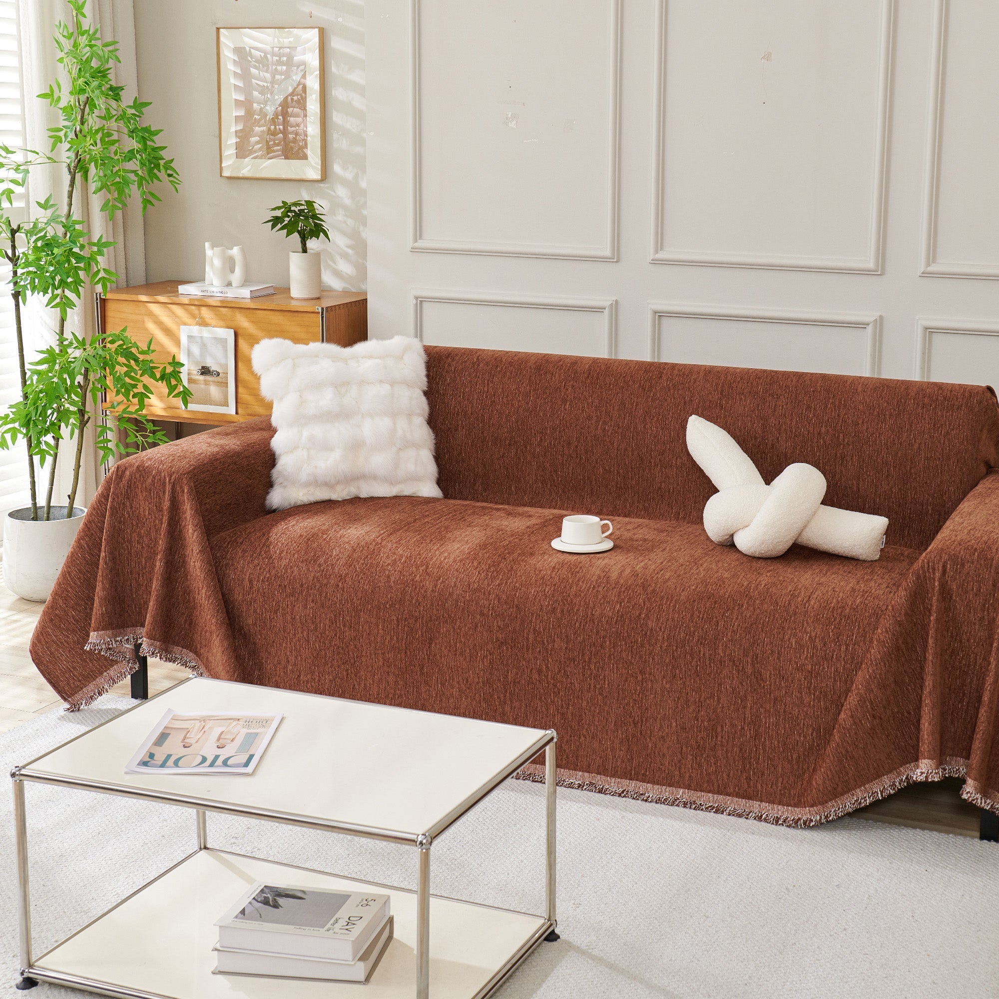 Boho Woven Sofa Cover, Fringed Edge Textile Blend | Washable Furniture Throw | Qonforta