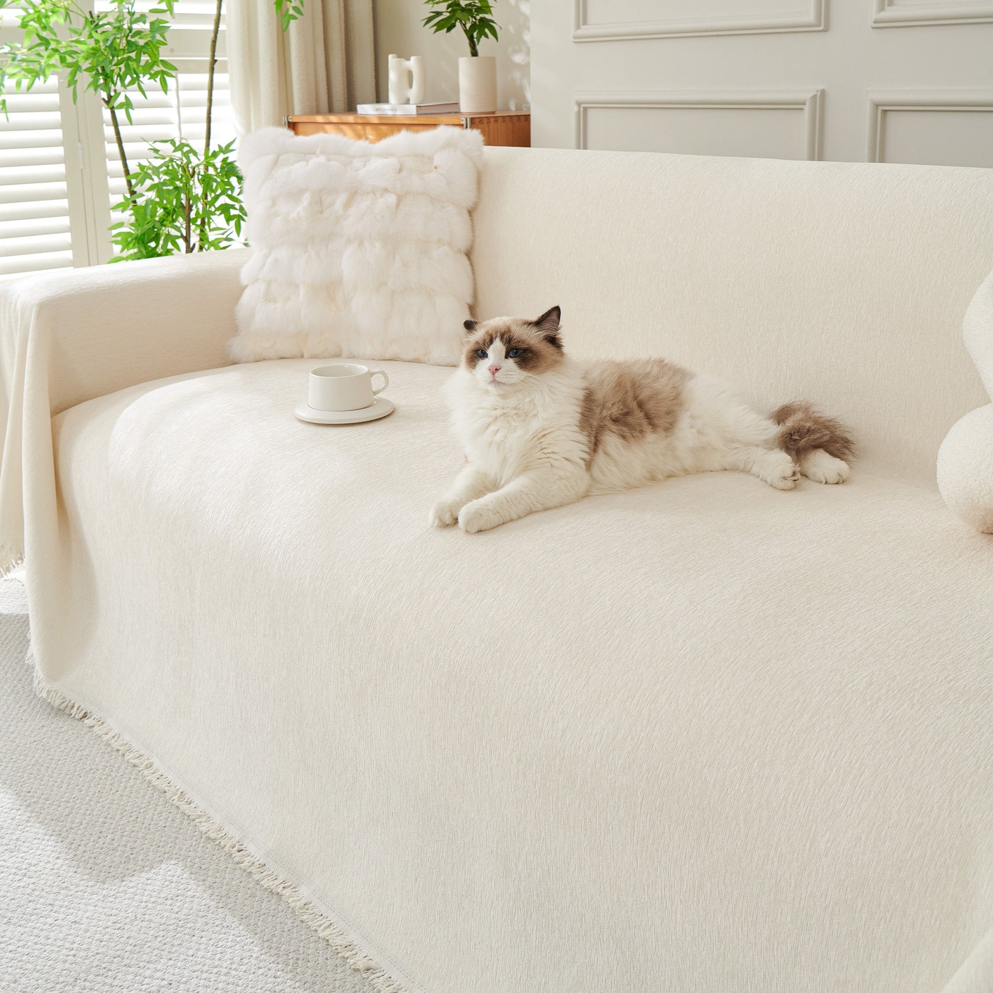 Boho Woven Sofa Cover, Fringed Edge Textile Blend | Washable Furniture Throw | Qonforta