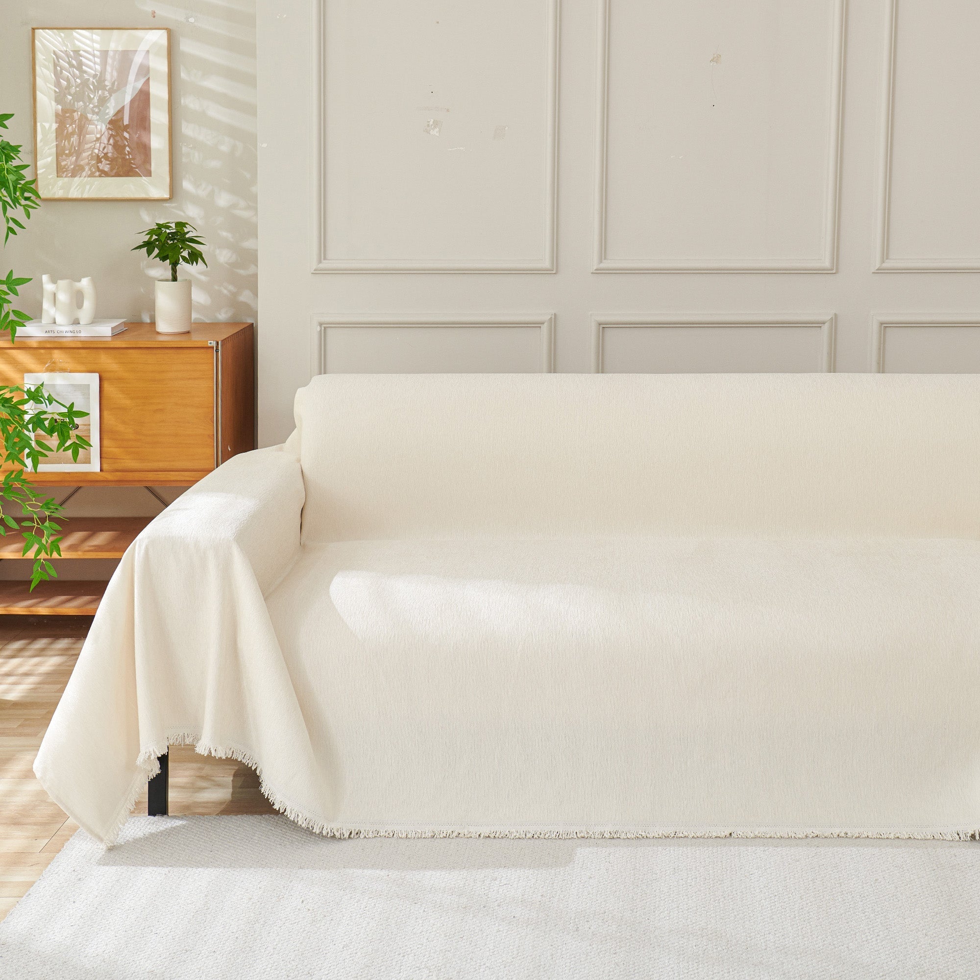 Boho Woven Sofa Cover, Fringed Edge Textile Blend | Washable Furniture Throw | Qonforta