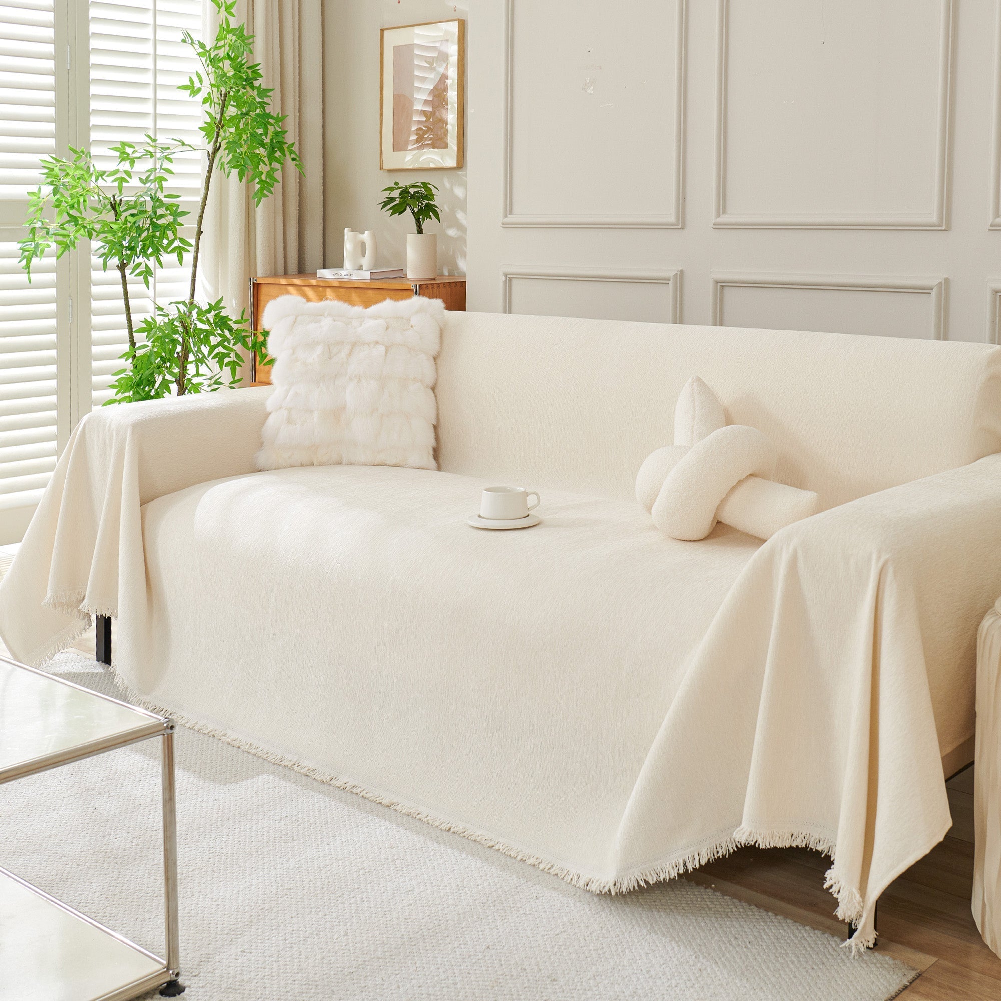 Boho Woven Sofa Cover, Fringed Edge Textile Blend | Washable Furniture Throw | Qonforta