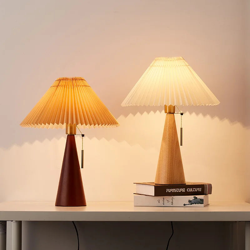 Pleated Shade Table Lamp | Tapered Wood Base, Scandinavian Style | Qonforta