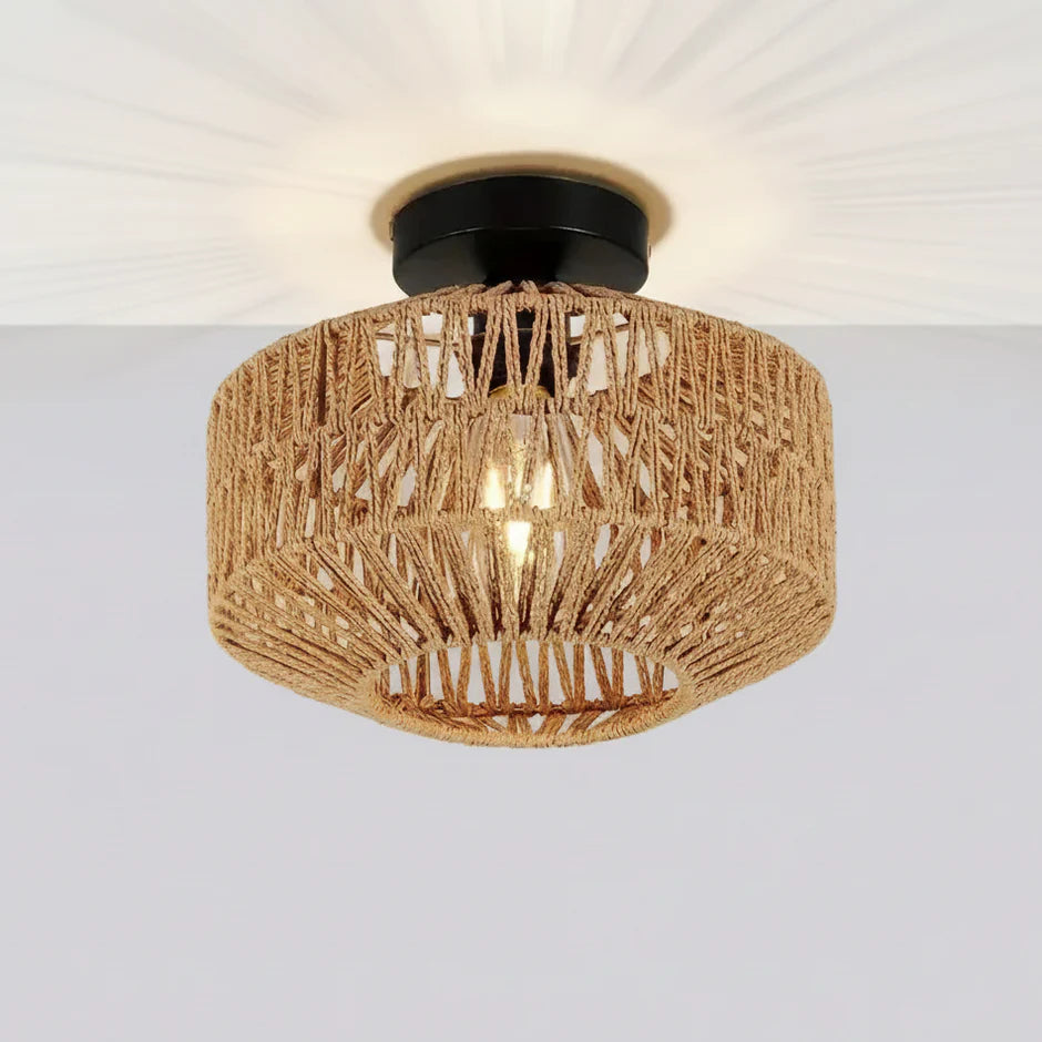 Handwoven Rattan Boho Flush Mount Ceiling Light | Natural | Qonforta