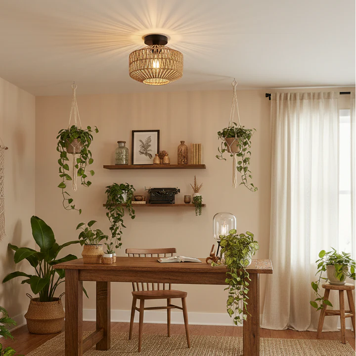 Handwoven Rattan Boho Flush Mount Ceiling Light | Natural | Qonforta