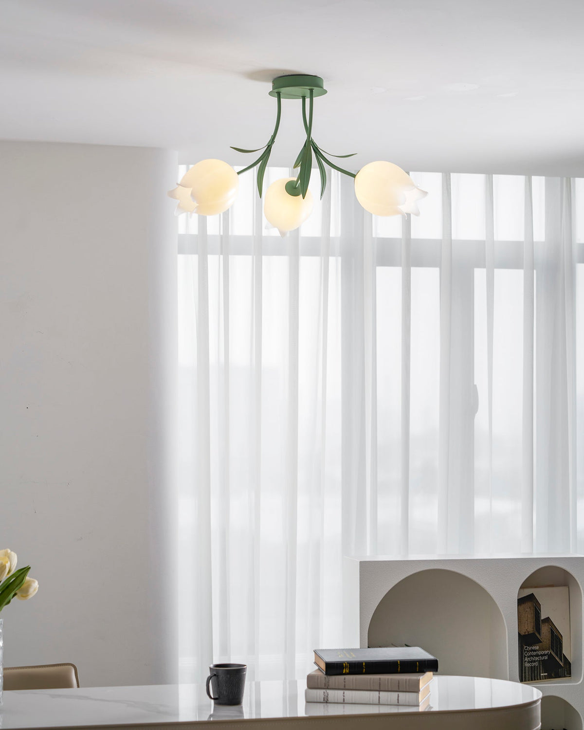 Ricko flower ceiling light, acrylic lily shades - side profile, warm light