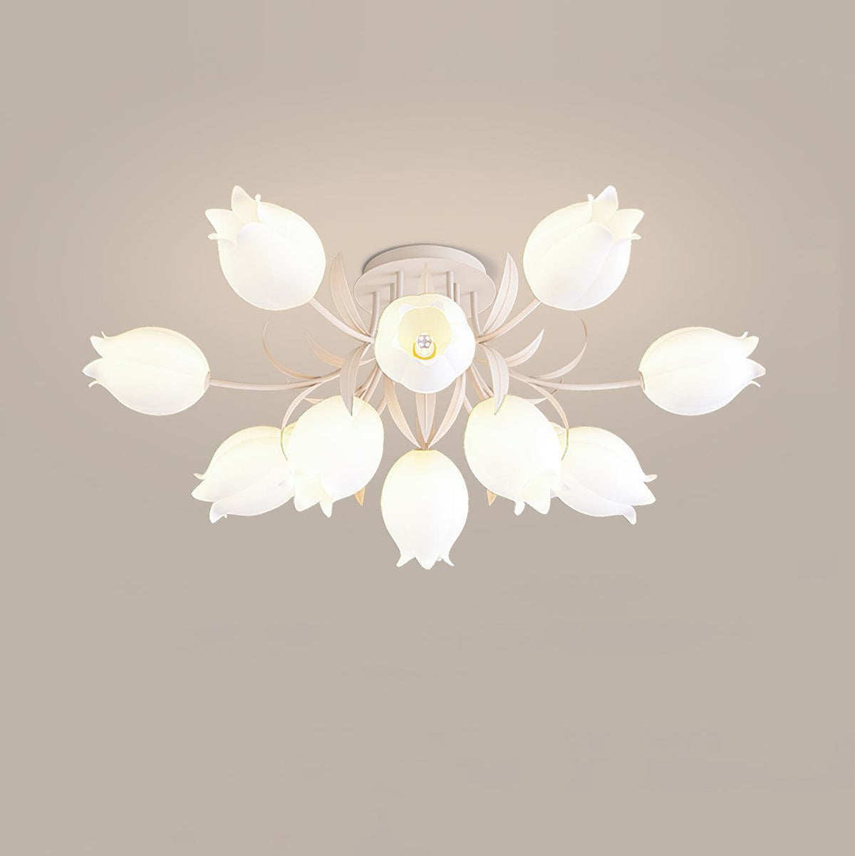Ricko flower ceiling light, acrylic lily shades - wide interior view, warm light