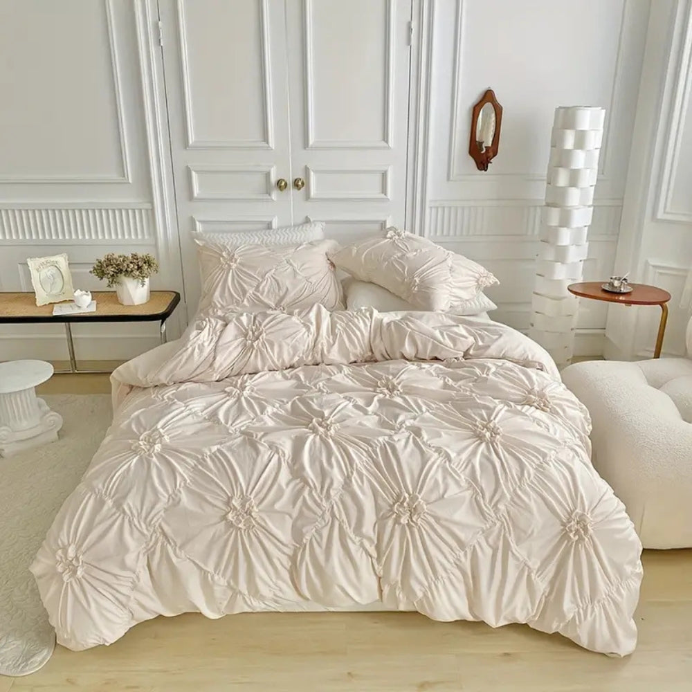 Beige ruffle floral duvet cover set in brushed microfiber