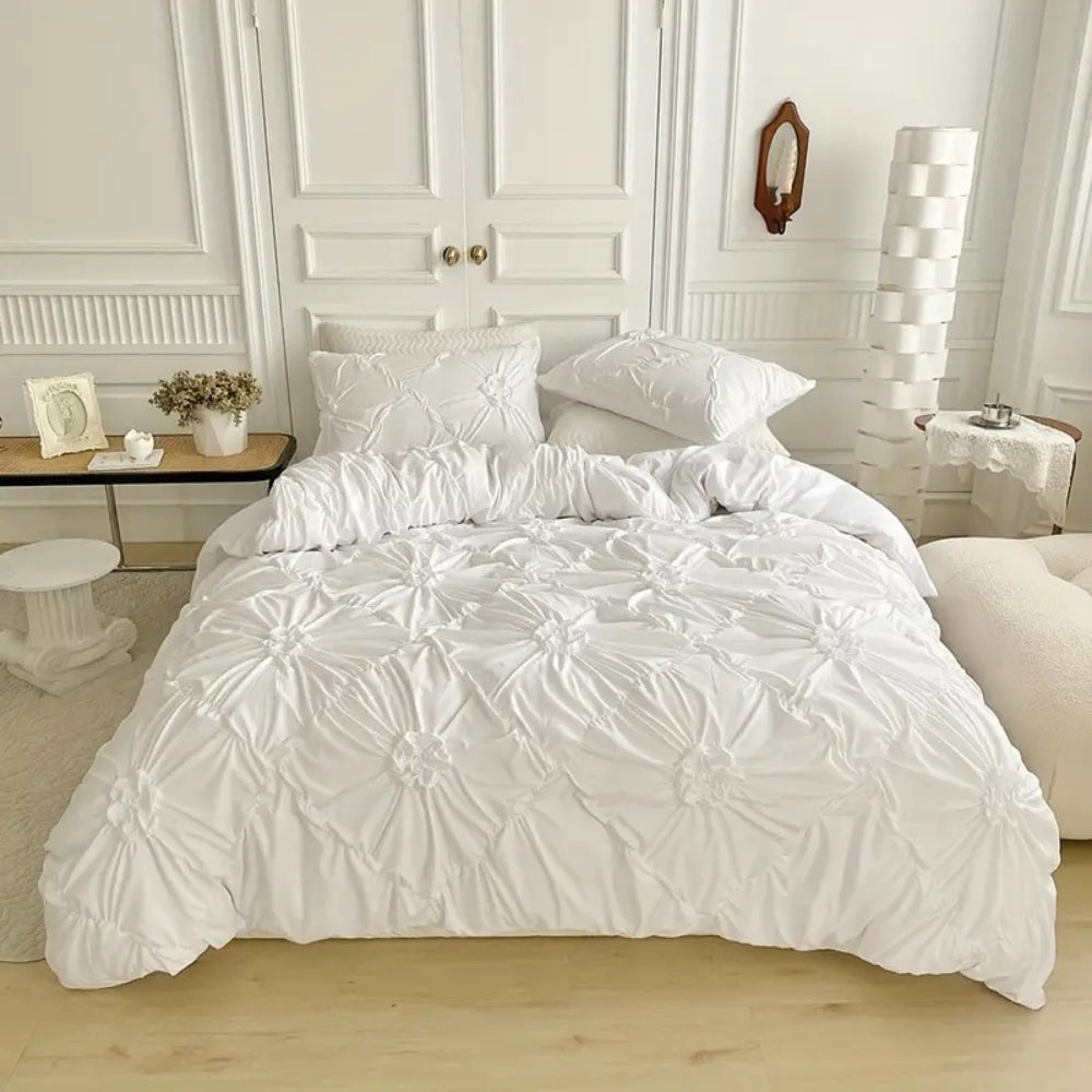 White ruffle floral pinch-pleat duvet cover set