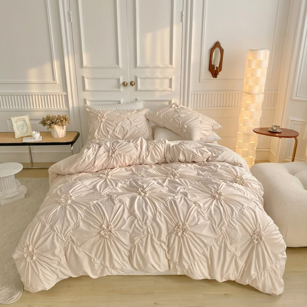 Ruffle floral duvet cover set with pinch-pleat texture on a bed