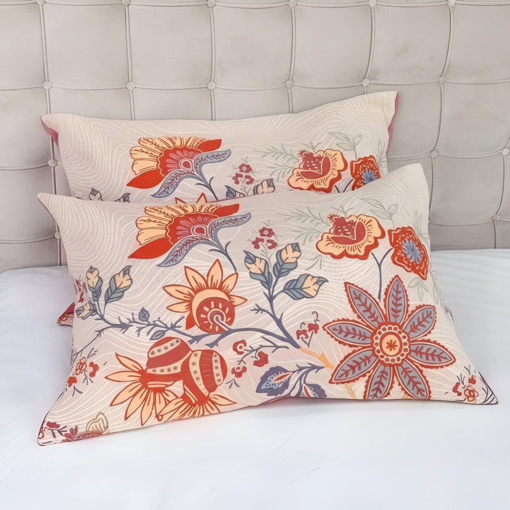 Rustic floral boho cotton pillowcases, set of two