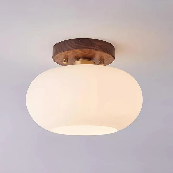 Walnut Wood Glass Globe Flush Mount Ceiling Light | LED Included | Qonforta