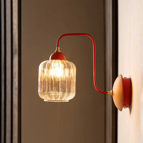 Amber Glass Wall Sconce Nordic Ribbed Shade – Red & Green | Qonforta