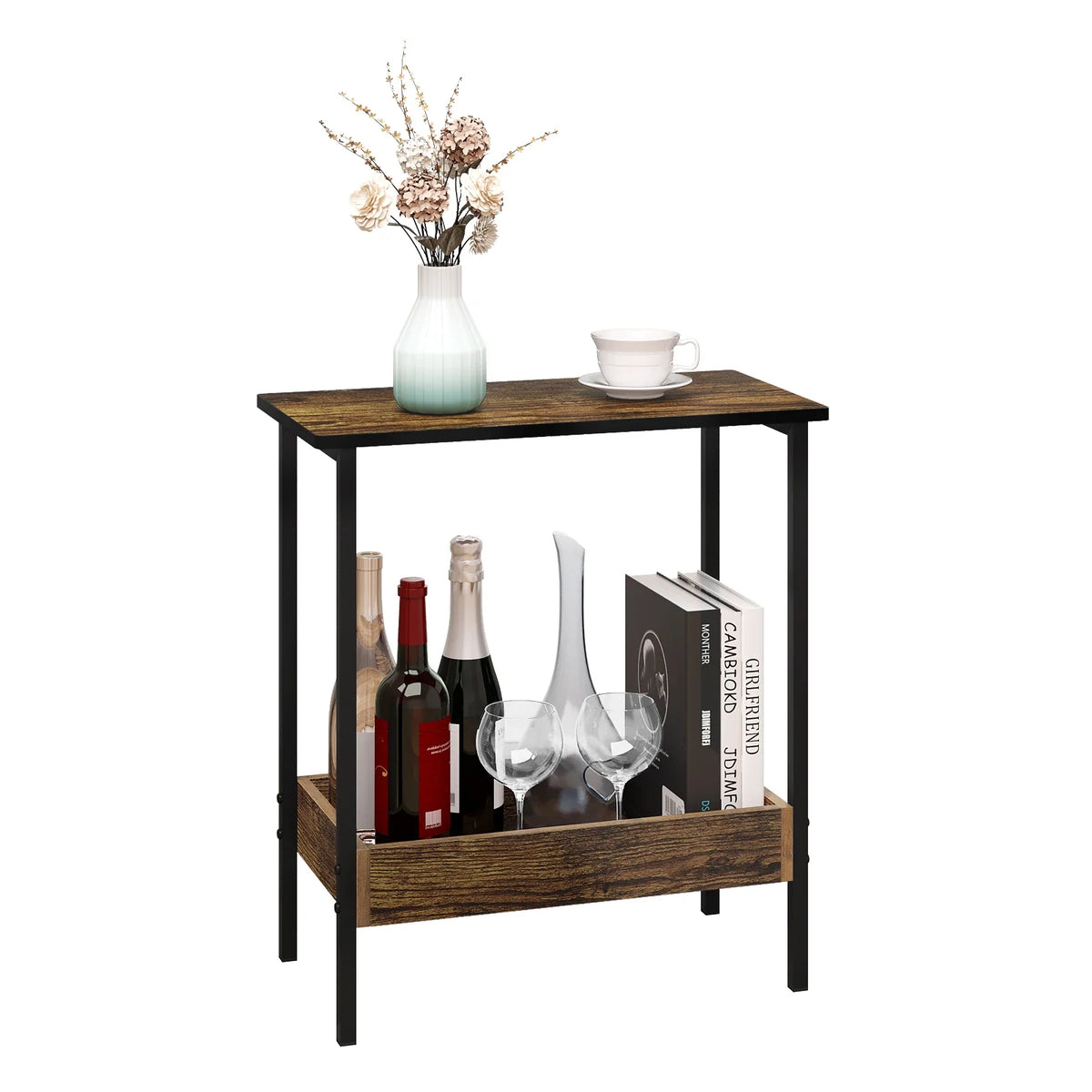 Velistra wood and metal side table with two open storage shelves