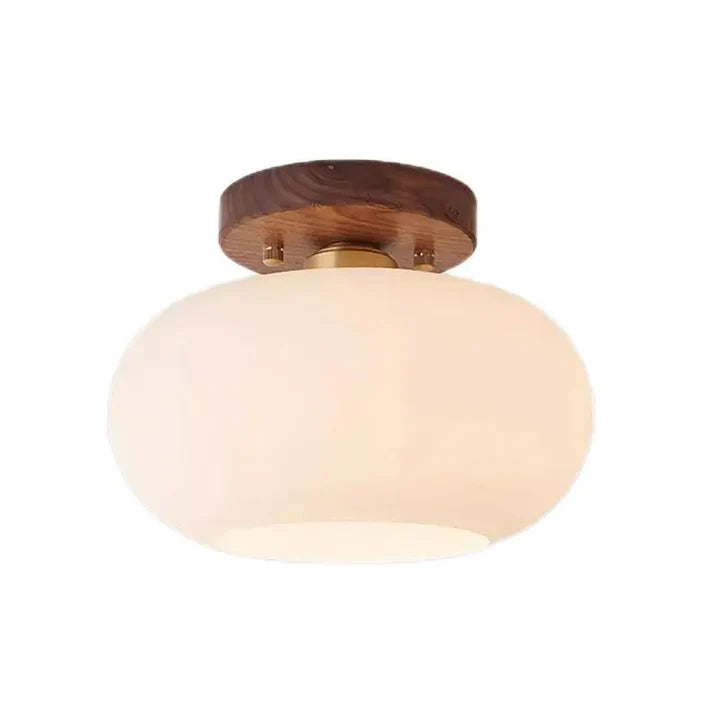 Walnut Wood Glass Globe Flush Mount Ceiling Light | LED Included | Qonforta