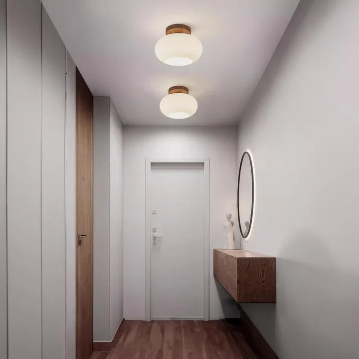 Walnut Wood Glass Globe Flush Mount Ceiling Light | LED Included | Qonforta