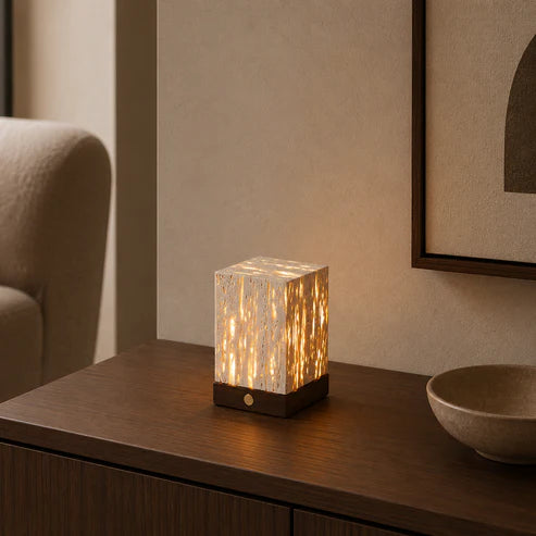 Travertine Cube Table Lamp Perforated Stone LED – 2 Sizes | Qonforta