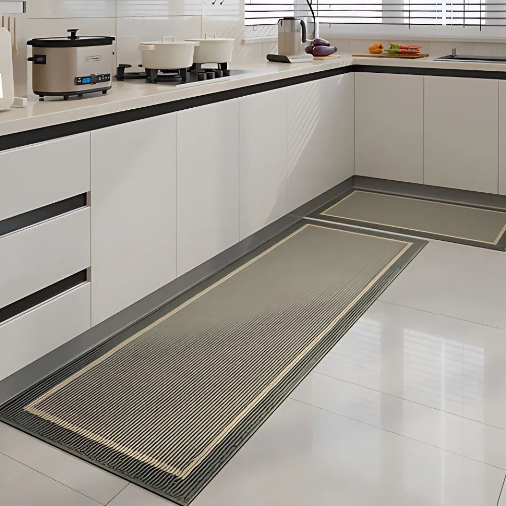Strata kitchen runner in Stone Mist on a tile kitchen floor