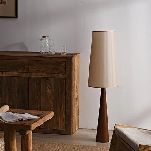 Wood Floor Lamp Tall Fabric Shade Plug-In | Qonforta