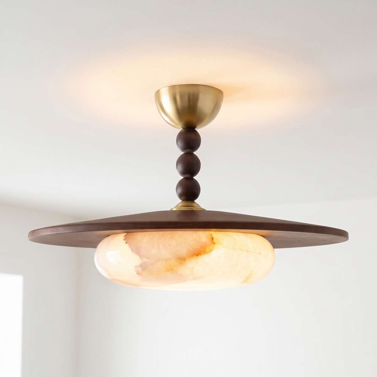 Alabaster or Glass Semi-Flush Mount Ceiling Light with Walnut Color Wood