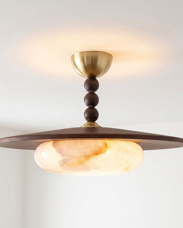 Alabaster or Glass Semi-Flush Mount Ceiling Light with Walnut Color Wood