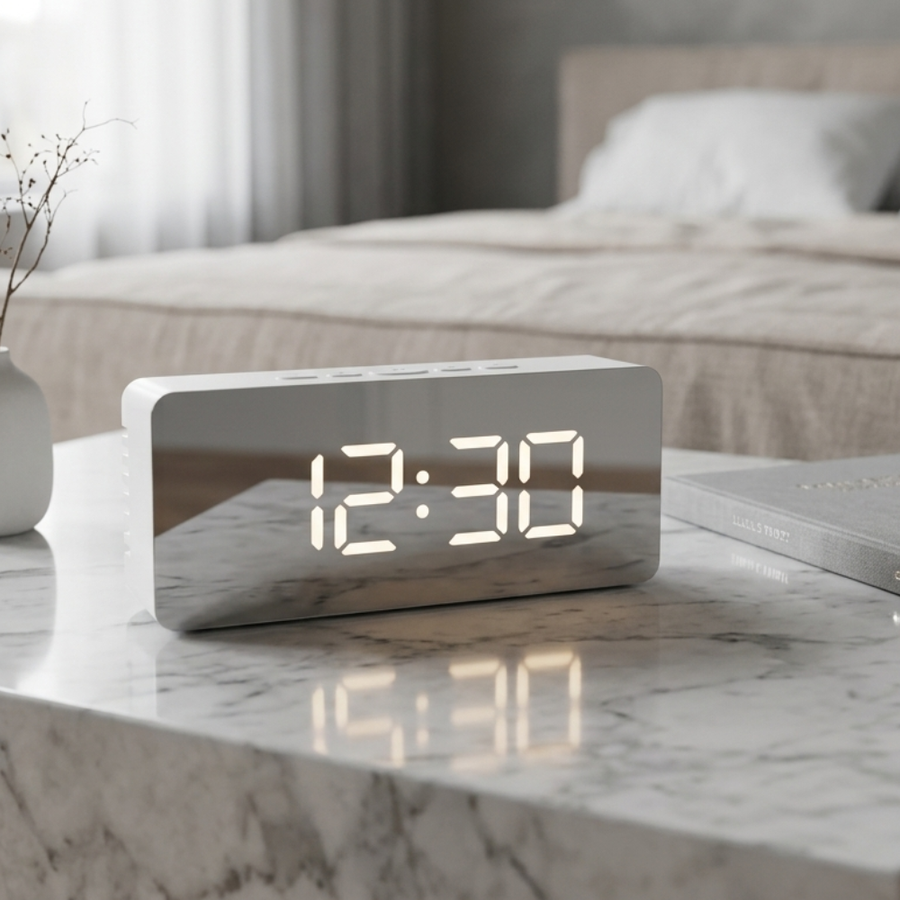 Mirror LED Alarm Clock for Bedroom, Auto Night Dimming, Temperature Display