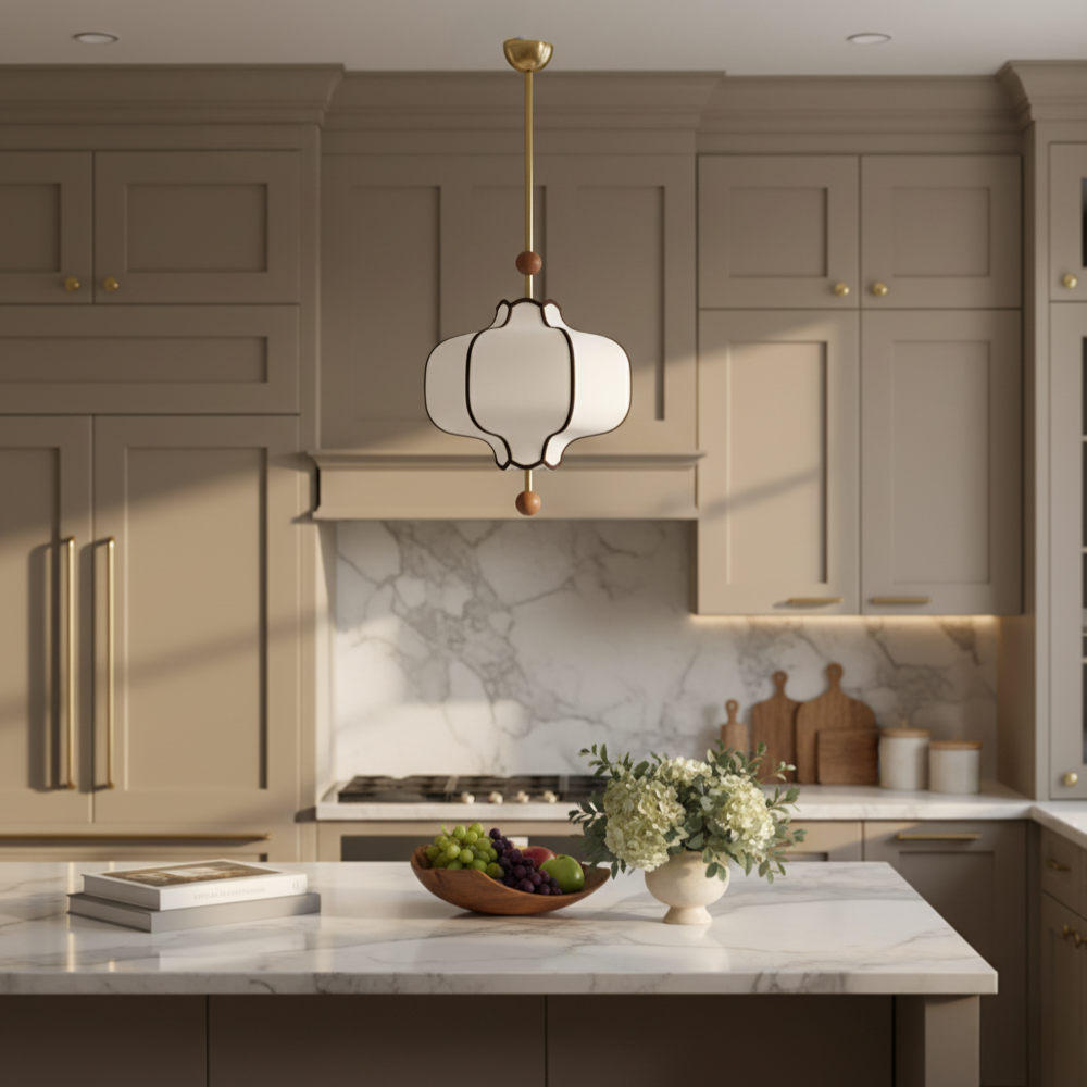 Lanora Fabric Pendant Light - Walnut & Brass Accents | Qonforta