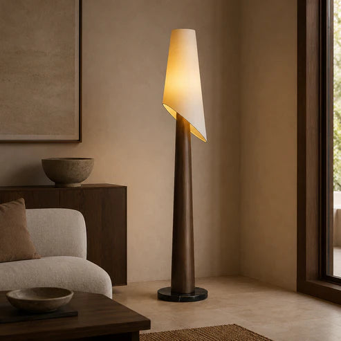 Wooden Floor Lamp Fabric Shade Marble Base – 3 Colors | Qonforta